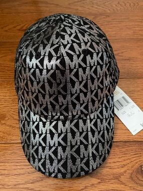 Michael Kors Printed MK Logo Adjustable Hat Black/Silver BRAND NWT